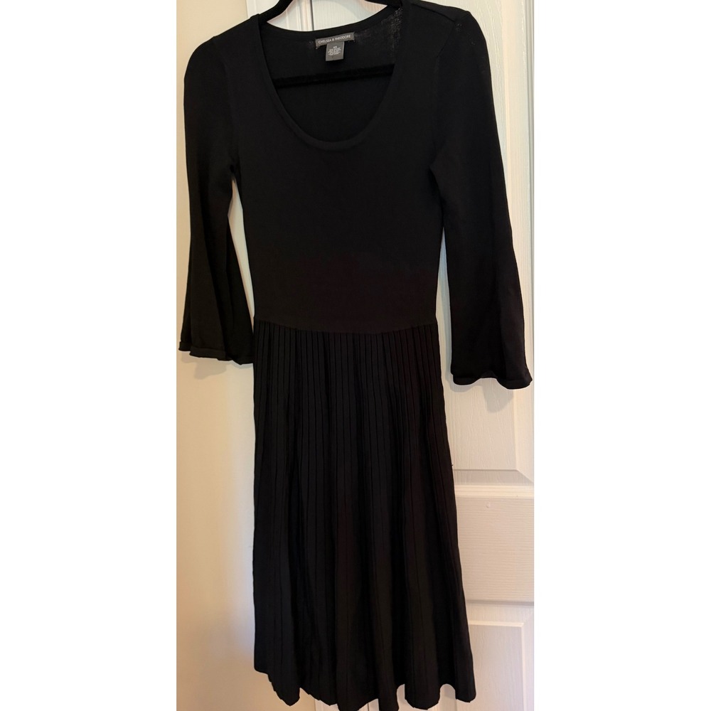 Chelsea & Theodore Black Knit Pleated Skirt Bell Sleeve Dress XS